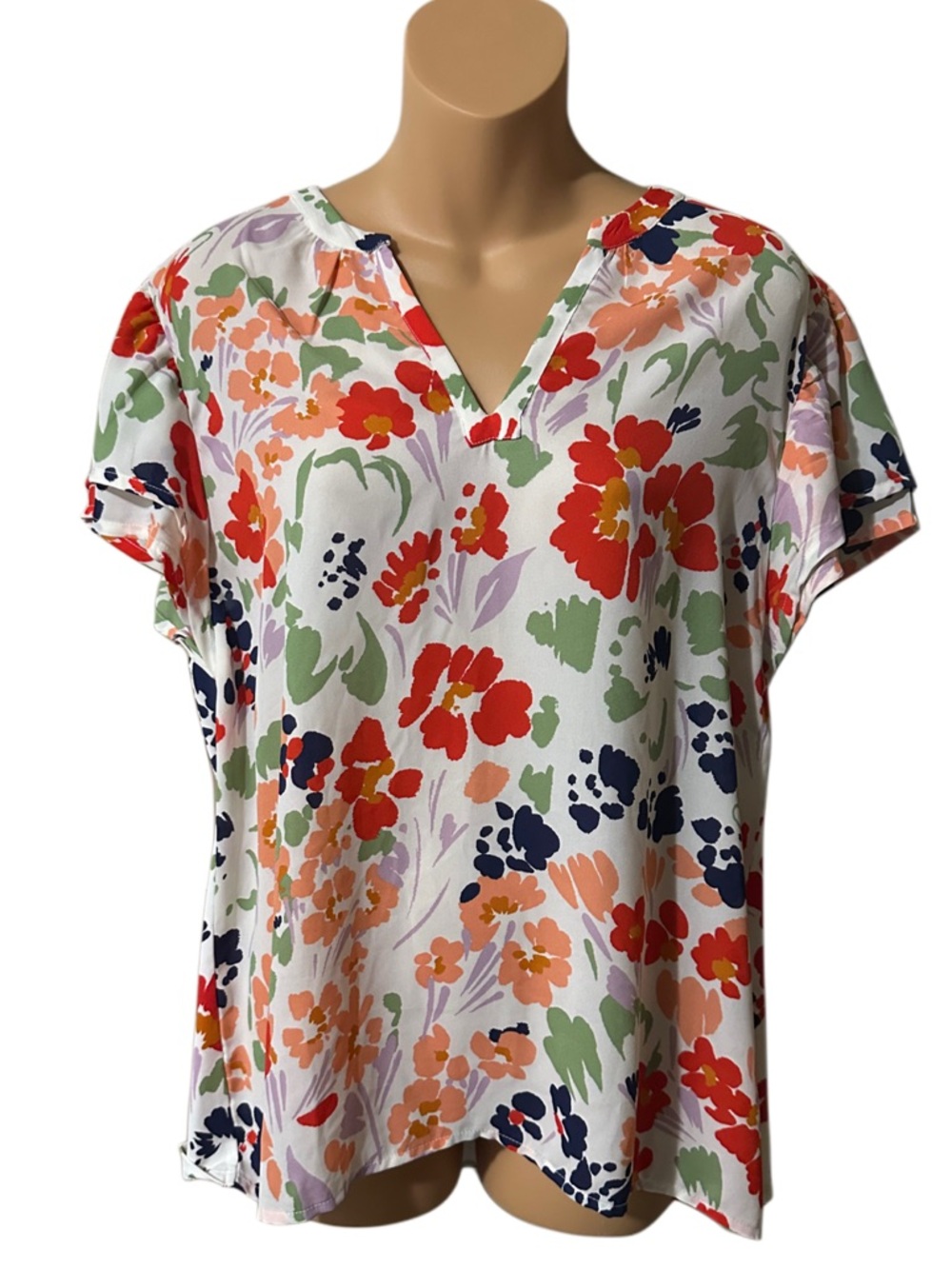 Ann Taylor Factory L Floral V-Neck Flutter Sleeve Blouse Top